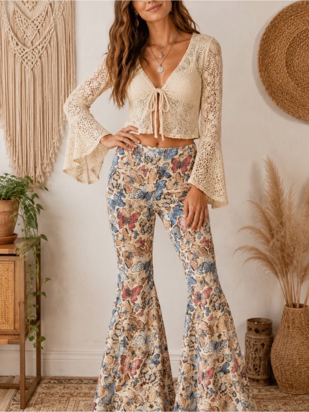 Free People Beige Floral Butterfly Print Boot Cut Flare Pants